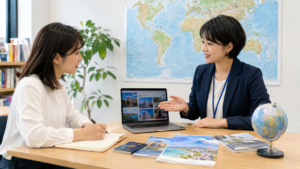 留学カウンセラーに海外留学の相談をする日本人女性