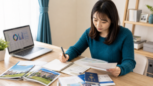 留学に必要な料金をパソコンと電卓で確認する日本人女性