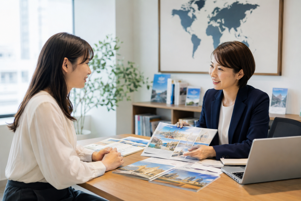 留学カウンセラーに海外留学の相談をする日本人女性
