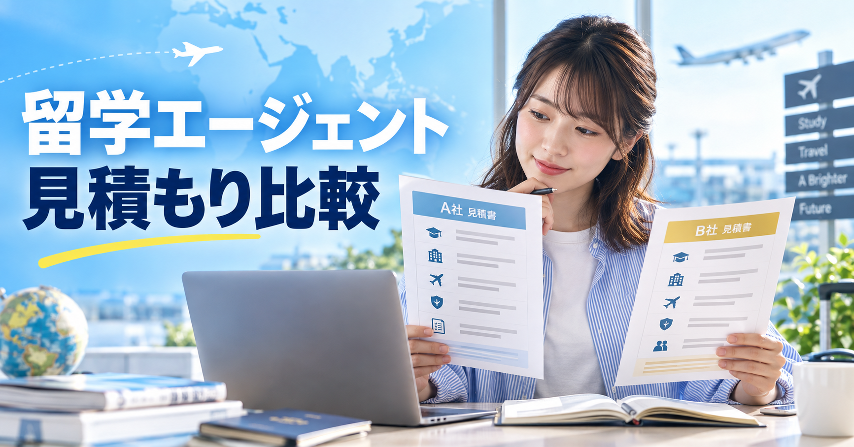 留学エージェント2社の見積もりを比較する女性