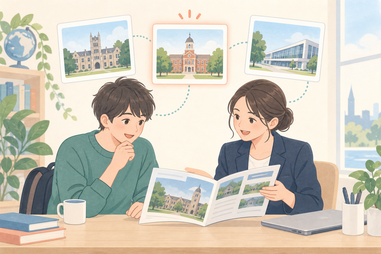 希望する留学先の学校の資料を見ながら、学生と留学エージェントが相談しているイラスト
