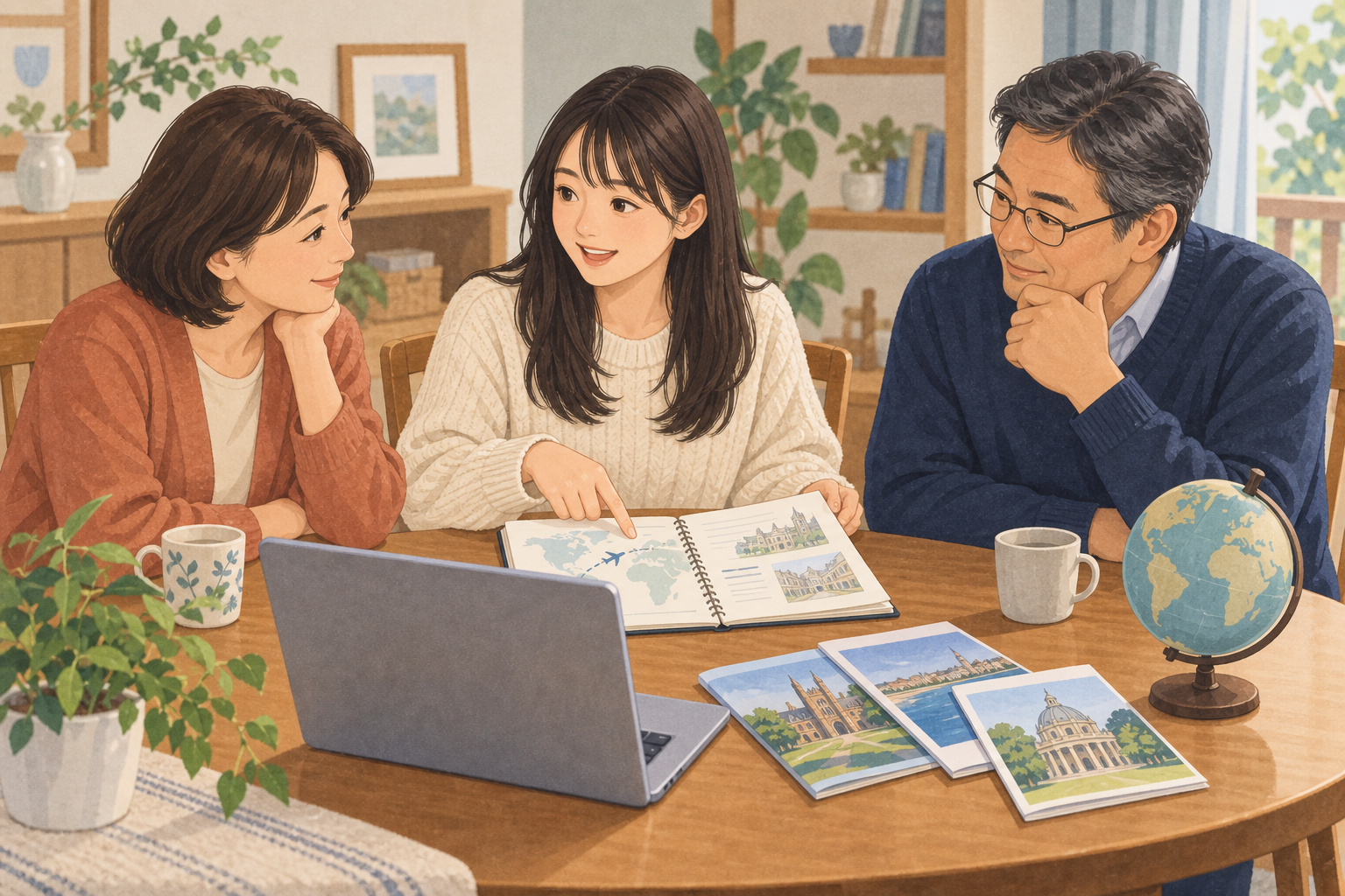 留学を希望する学生が両親と一緒に資料を見ながら相談前の準備をしているイラスト
